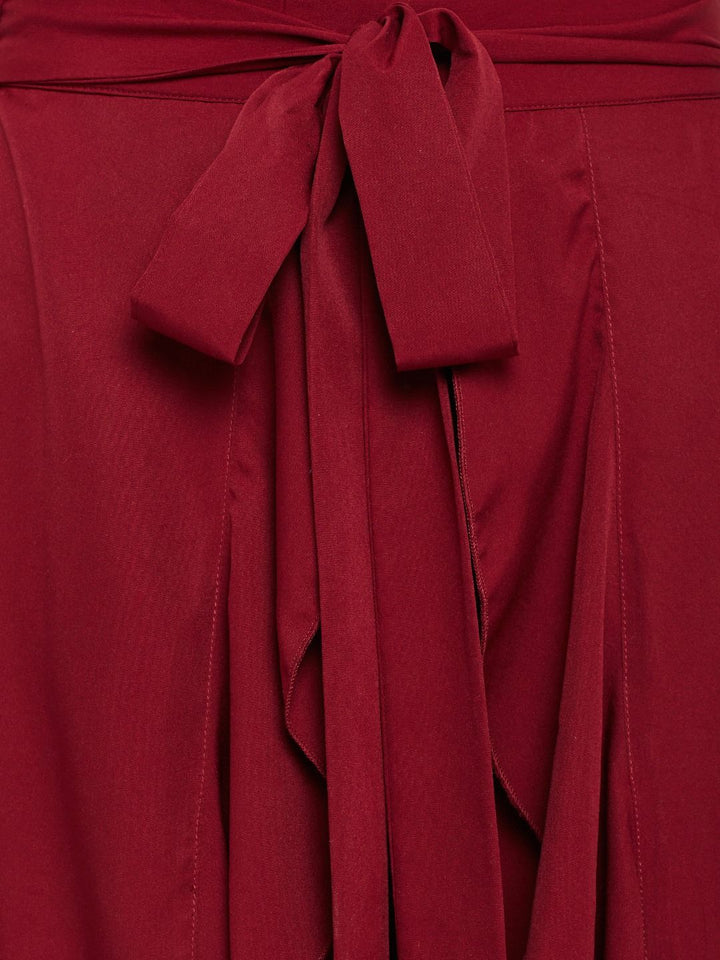 Berrylush Maroon Ruffled Flared Maxi Skirt with Attached Trousers