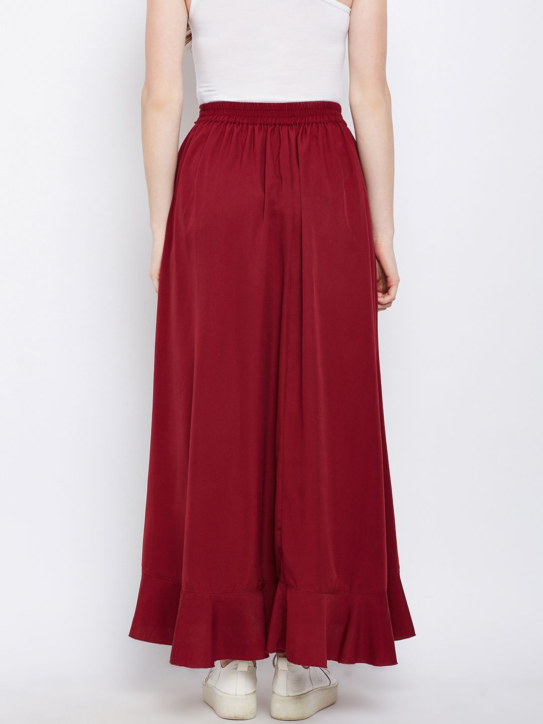Berrylush Maroon Ruffled Flared Maxi Skirt with Attached Trousers