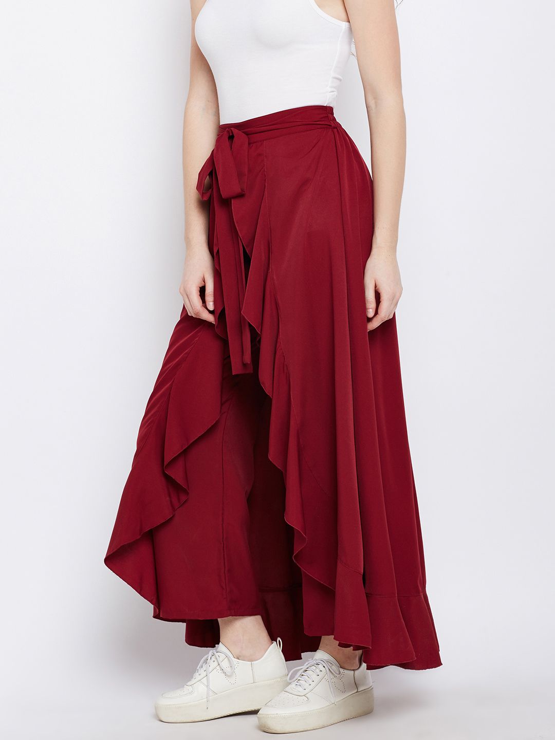 Berrylush Maroon Ruffled Flared Maxi Skirt with Attached Trousers