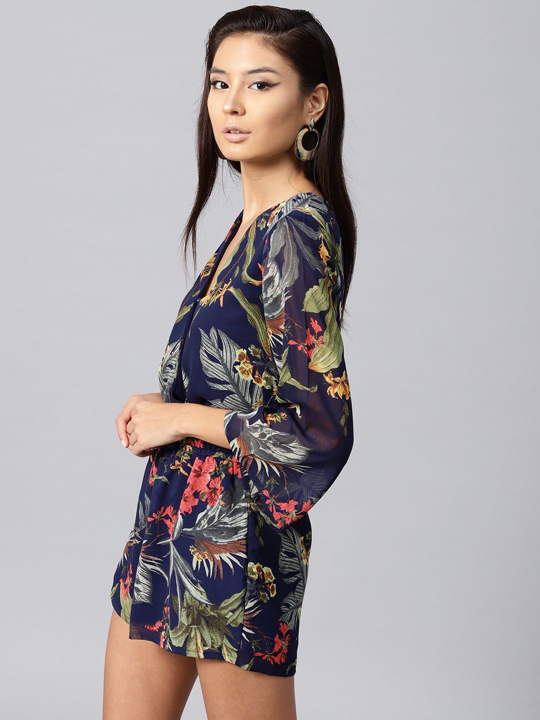 SASSAFRAS Navy Blue & Green Floral Print Playsuit