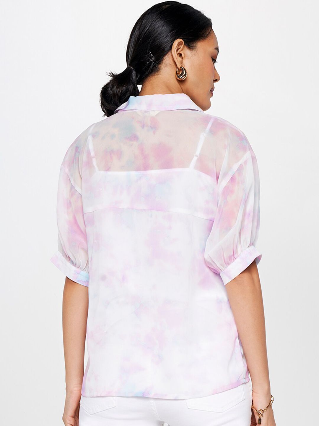 AND Print Semi-Sheer Cuffed Sleeves Shirt Style Top