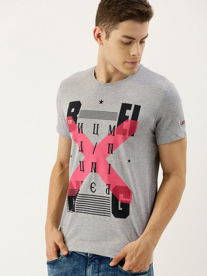 Being Human Men Grey Melange & Black Printed Round Neck T-shirt