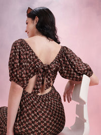 DressBerry Ethnic Print Cut-Out Back A-Line Midi Dress