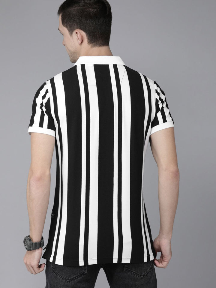 THE BEAR HOUSE Men Black  White Striped Polo Collar Slim Fit Pure Cotton T-shirt
