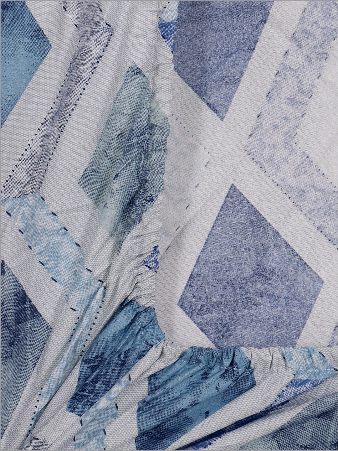KLOTTHE Blue & White Geometric Printed Pure Cotton 400 TC Fitted Single Bedsheet Set