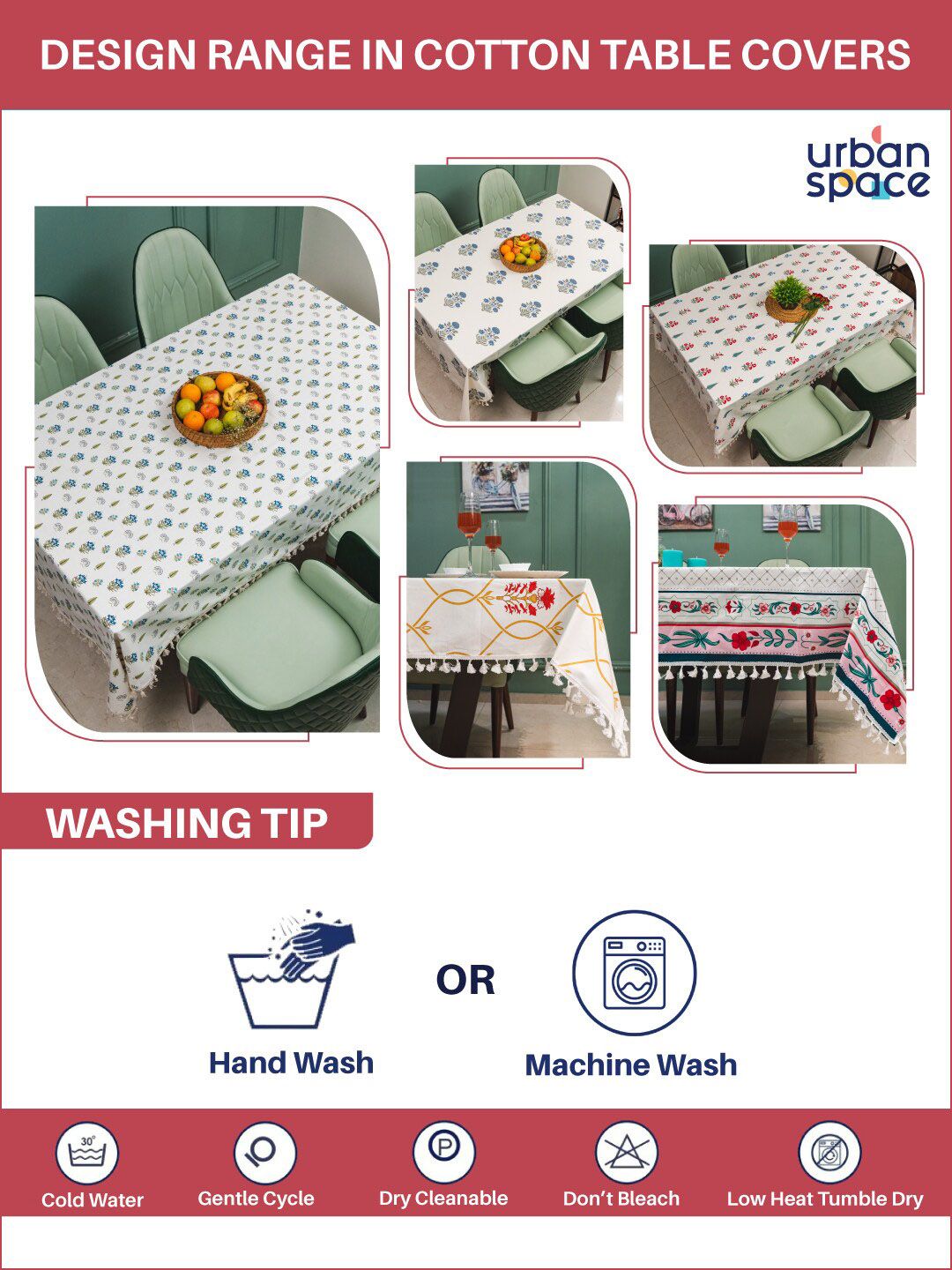 URBAN SPACE Red & White Floral Printed Pure Cotton 6-Seater Table Cover