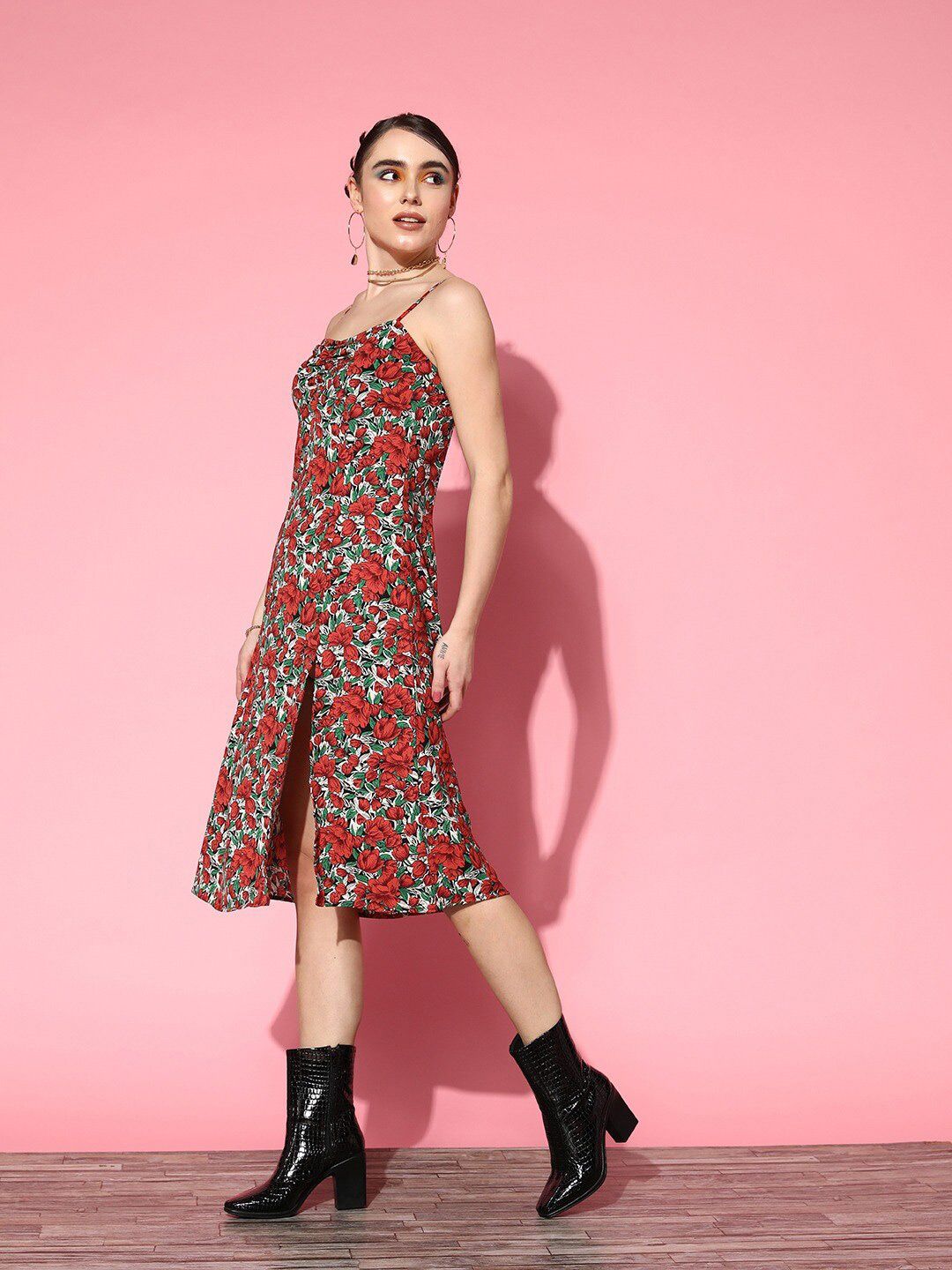 Berrylush Floral Print Crepe A-Line Dress