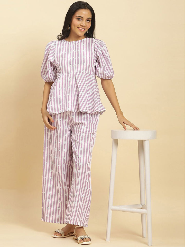 W Women Lavender & White Striped Embroidered Top with Trousers