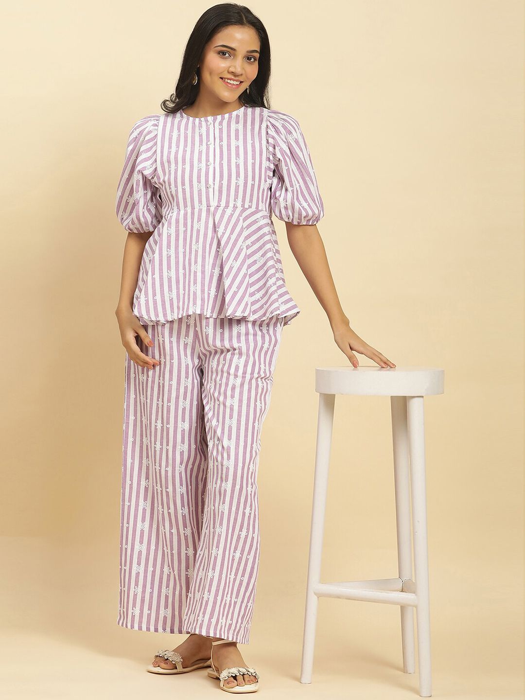 W Women Lavender & White Striped Embroidered Top with Trousers