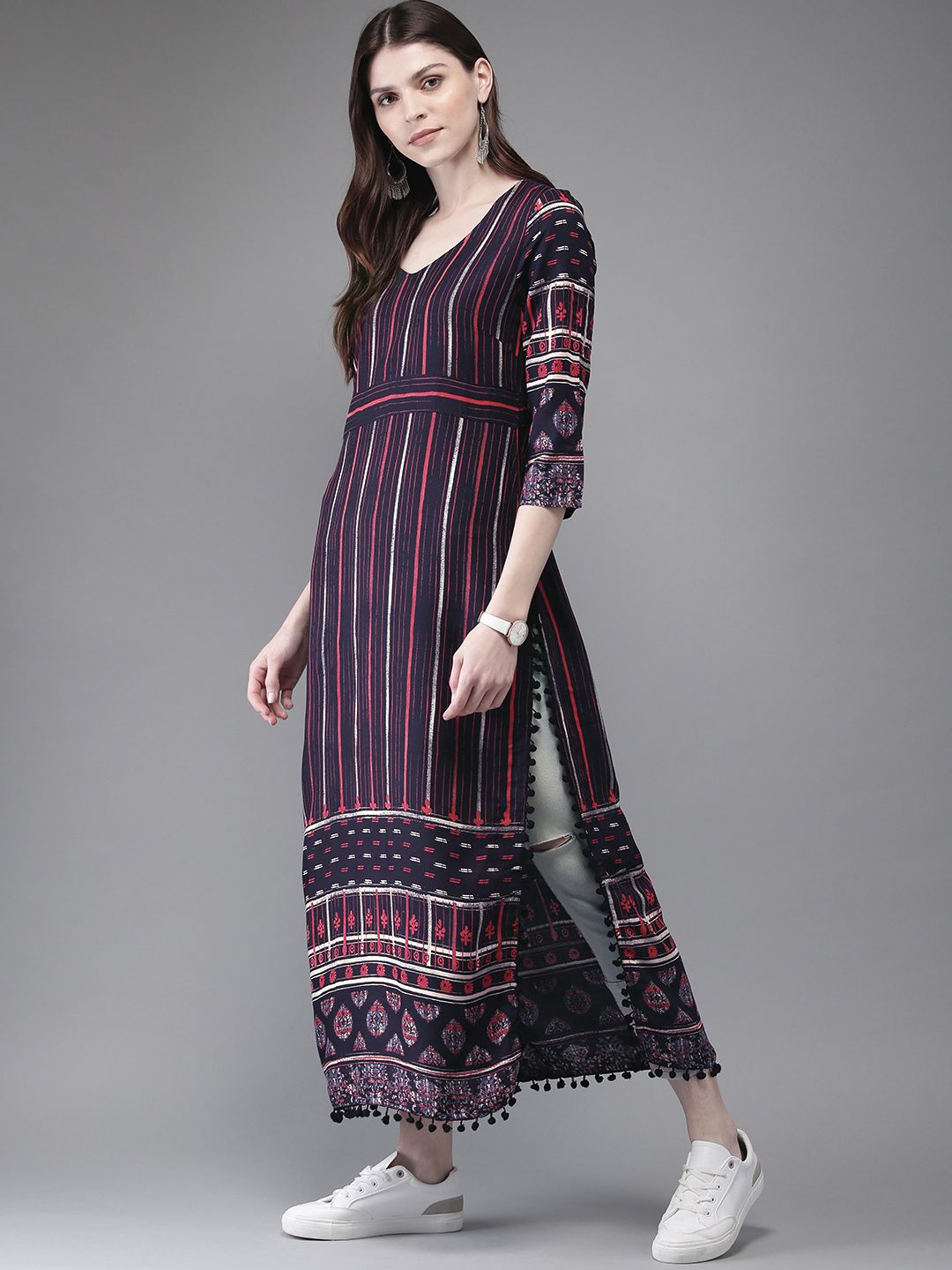 Anouk Navy Blue Striped Rayon Straight Kurta With Pompom Lace Hem