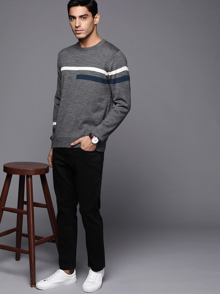 Raymond Men Charcoal Grey & White Striped Striped Pullover