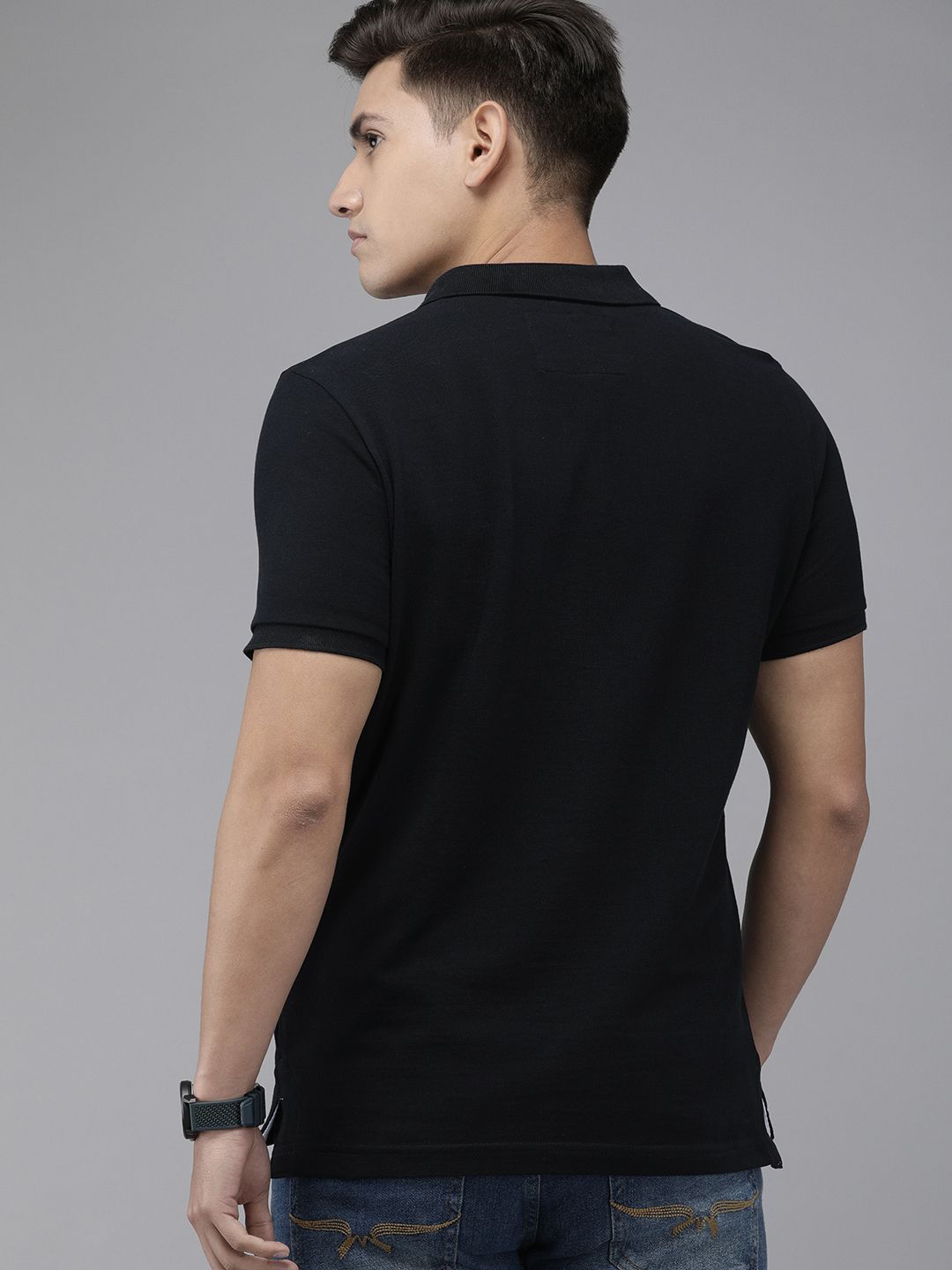 THE BEAR HOUSE Men Black Polo Collar Slim Fit T-shirt