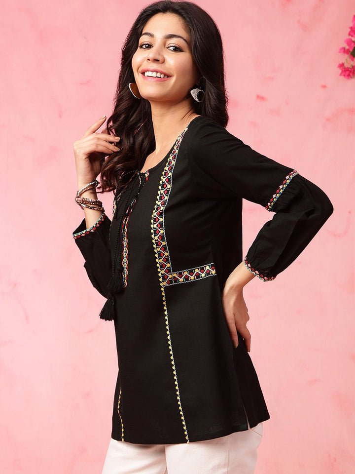 Anouk Black Geometric Embroidered Tie Up Neck Pure Cotton Short Kurti