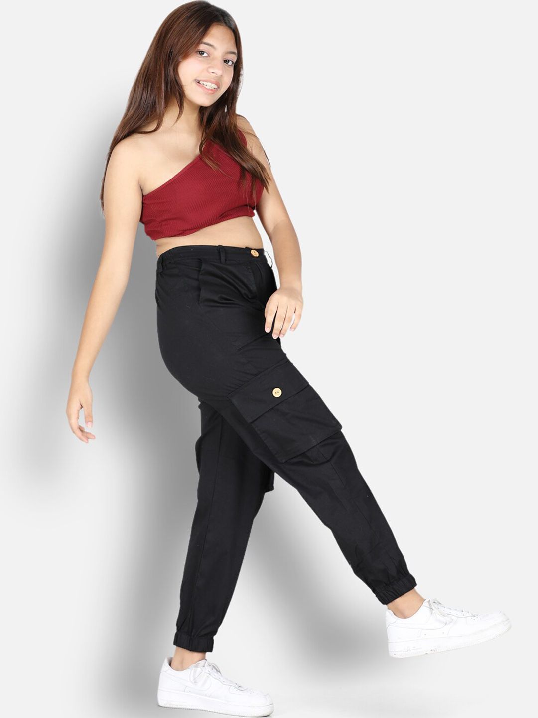 Cutiekins Girls Black High-Rise Cargos Trouser