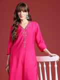 Anouk Floral Embroidered V-Neck Beads & Stones Studded Straight Kurta