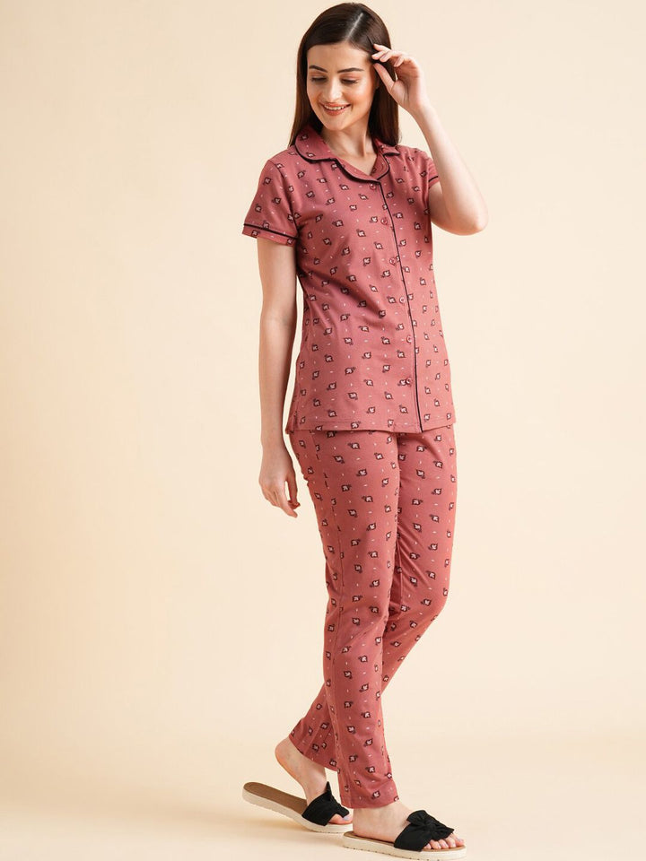 Sweet Dreams Peach-Coloured & White Floral Printed Pure Cotton Night Suits