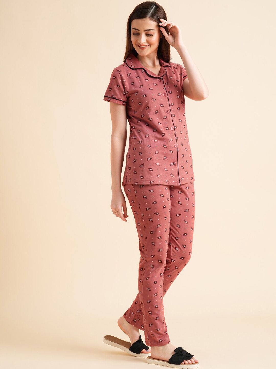 Sweet Dreams Peach-Coloured & White Floral Printed Pure Cotton Night Suits