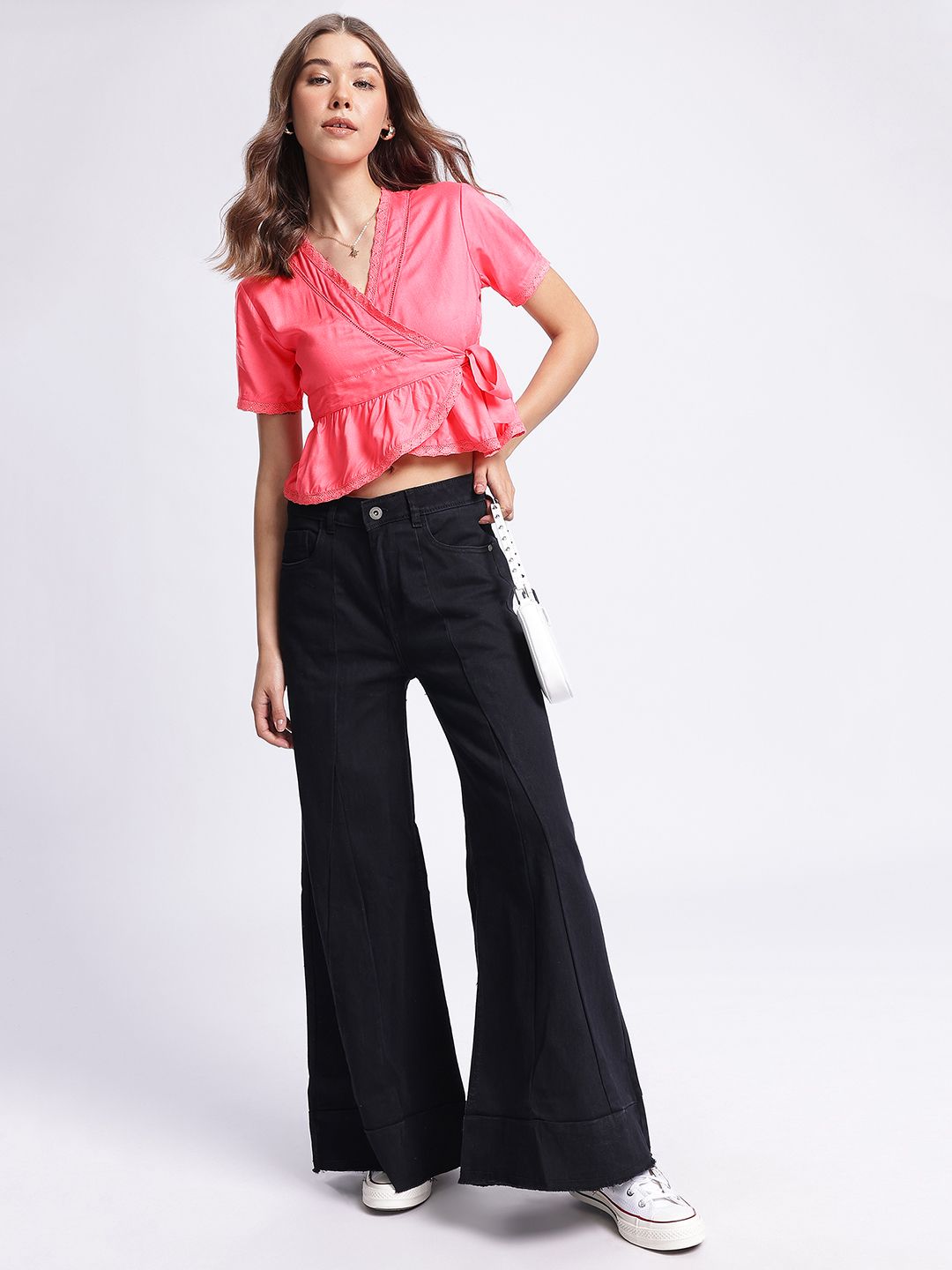 DressBerry Lace Insert Detail Crop Wrap Top