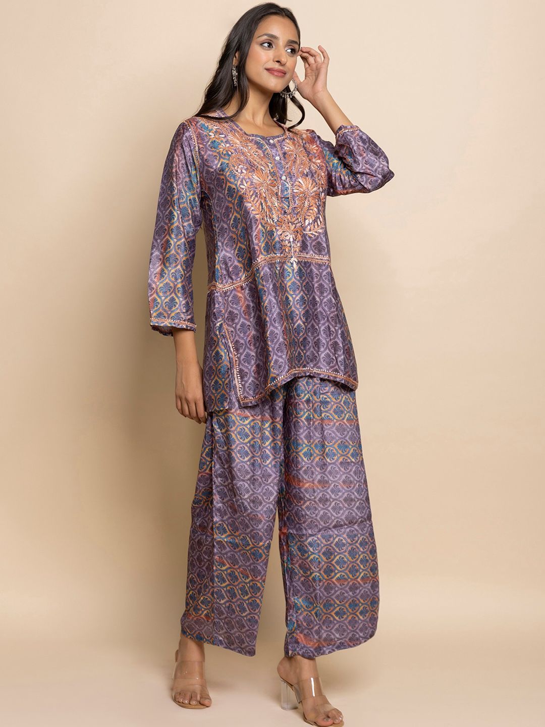 HOUSE OF KARI Floral Embroidered Regular Chikankari Straight Kurta with Palazzos