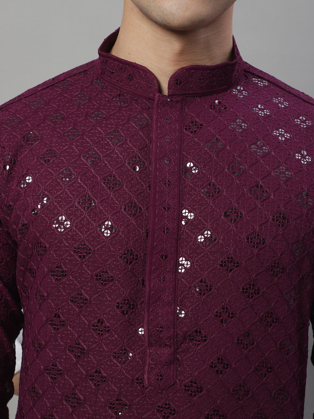 Jompers Mandarin Collar Ethnic Motifs Chikankari Sequined Kurta