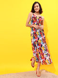 STREET 9 Shoulder Straps Abstract Printed Tiered Chiffon Maxi Dress