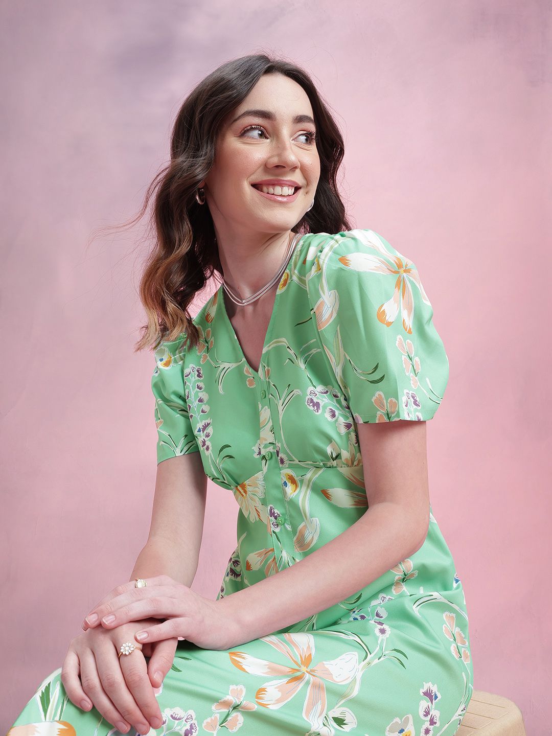 DressBerry Floral Print Puff Sleeves A-Line Midi Dress with Mock Buttons