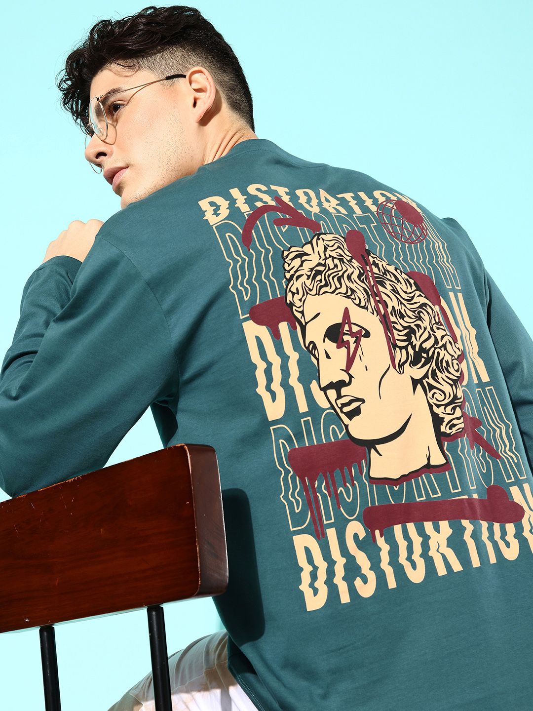 Difference of Opinion Men Teal Printed Pure Cotton Oversized T-shirt