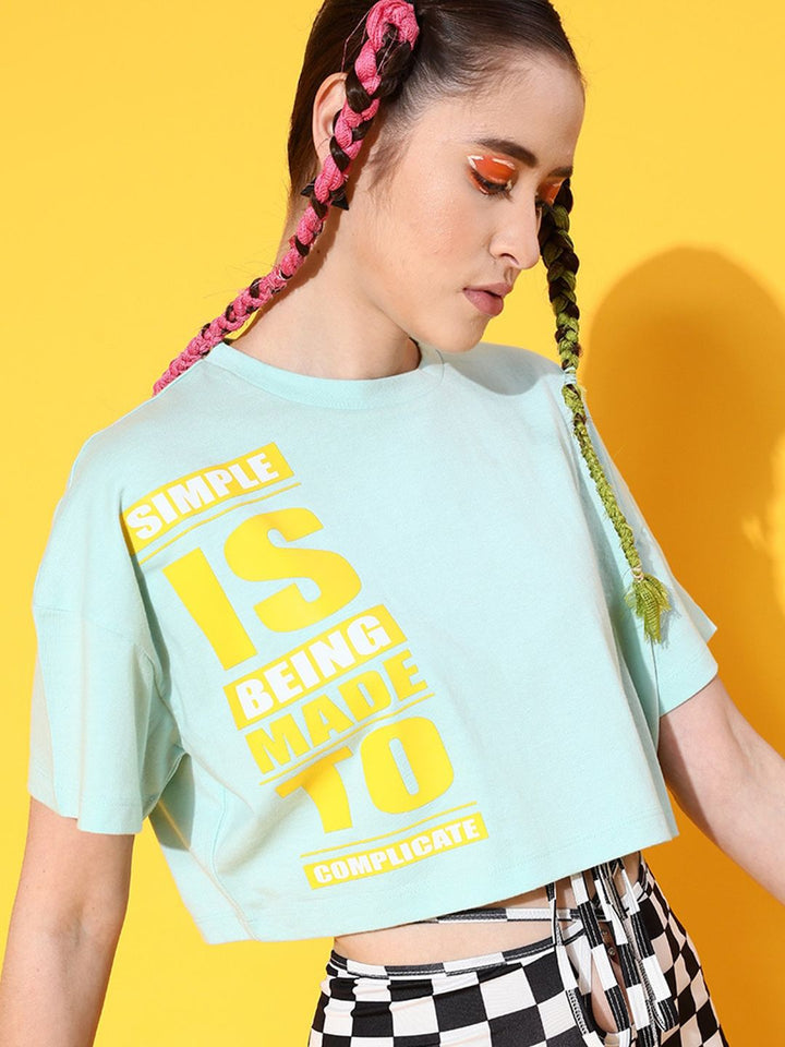 STREET 9 Women Sea Green Printed Cotton Drop-Shoulder Sleeves Bio Finish Oversized  T-shirt