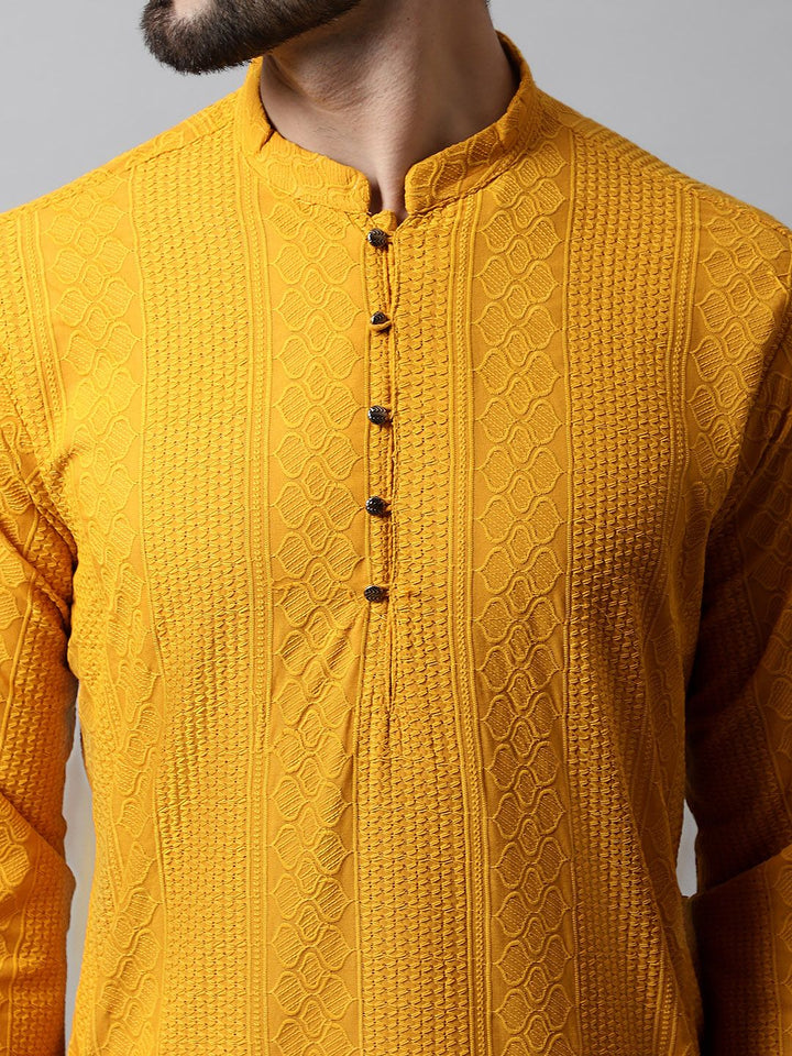 Jompers Men Mustard Yellow Embroidered Pure Cotton Kurta
