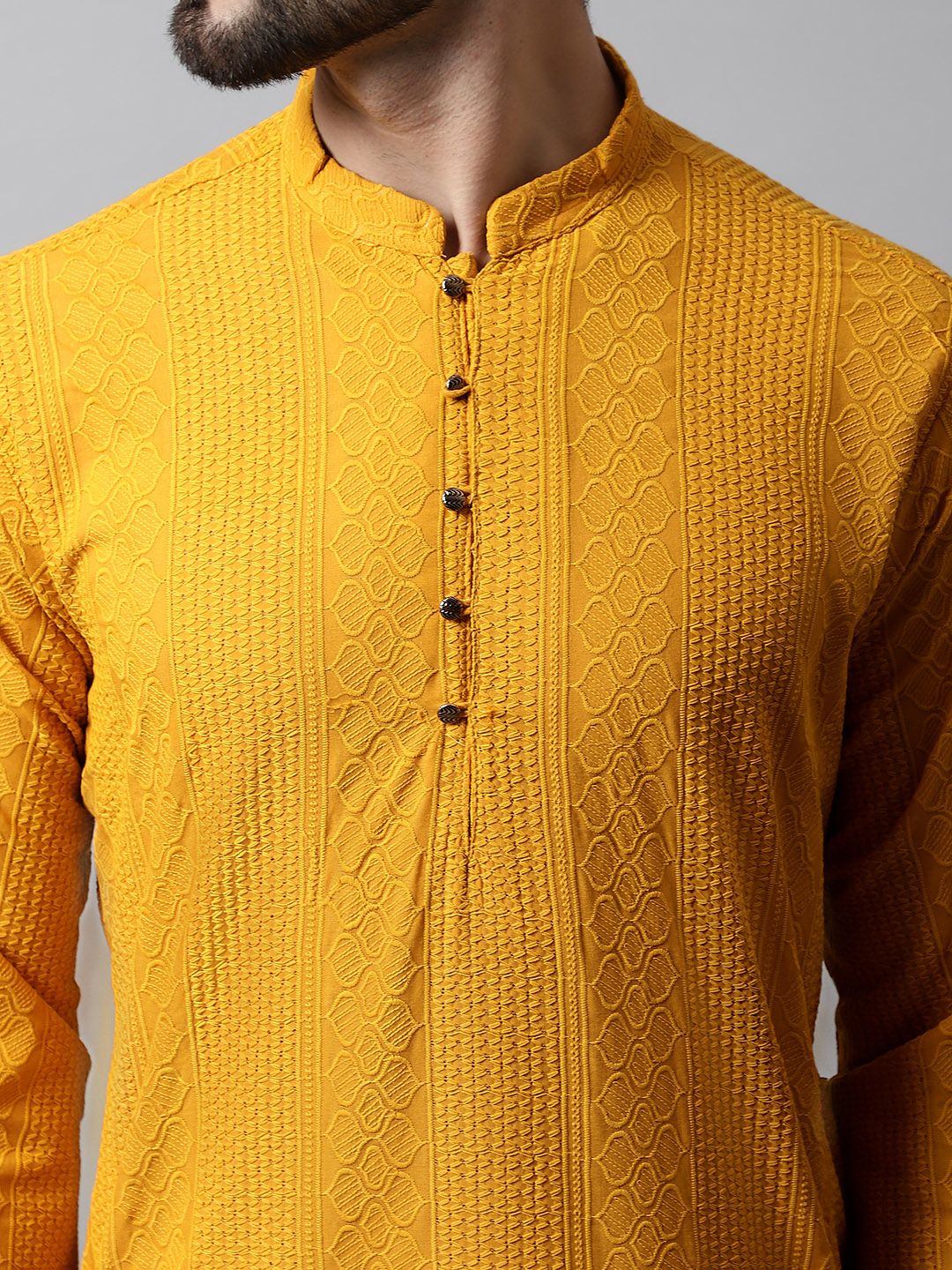 Jompers Men Mustard Yellow Embroidered Pure Cotton Kurta