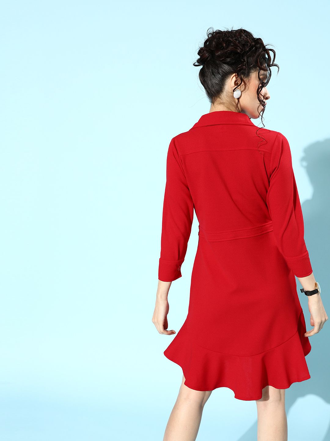 Athena Women Red Solid Collared Fit & Flare Dress