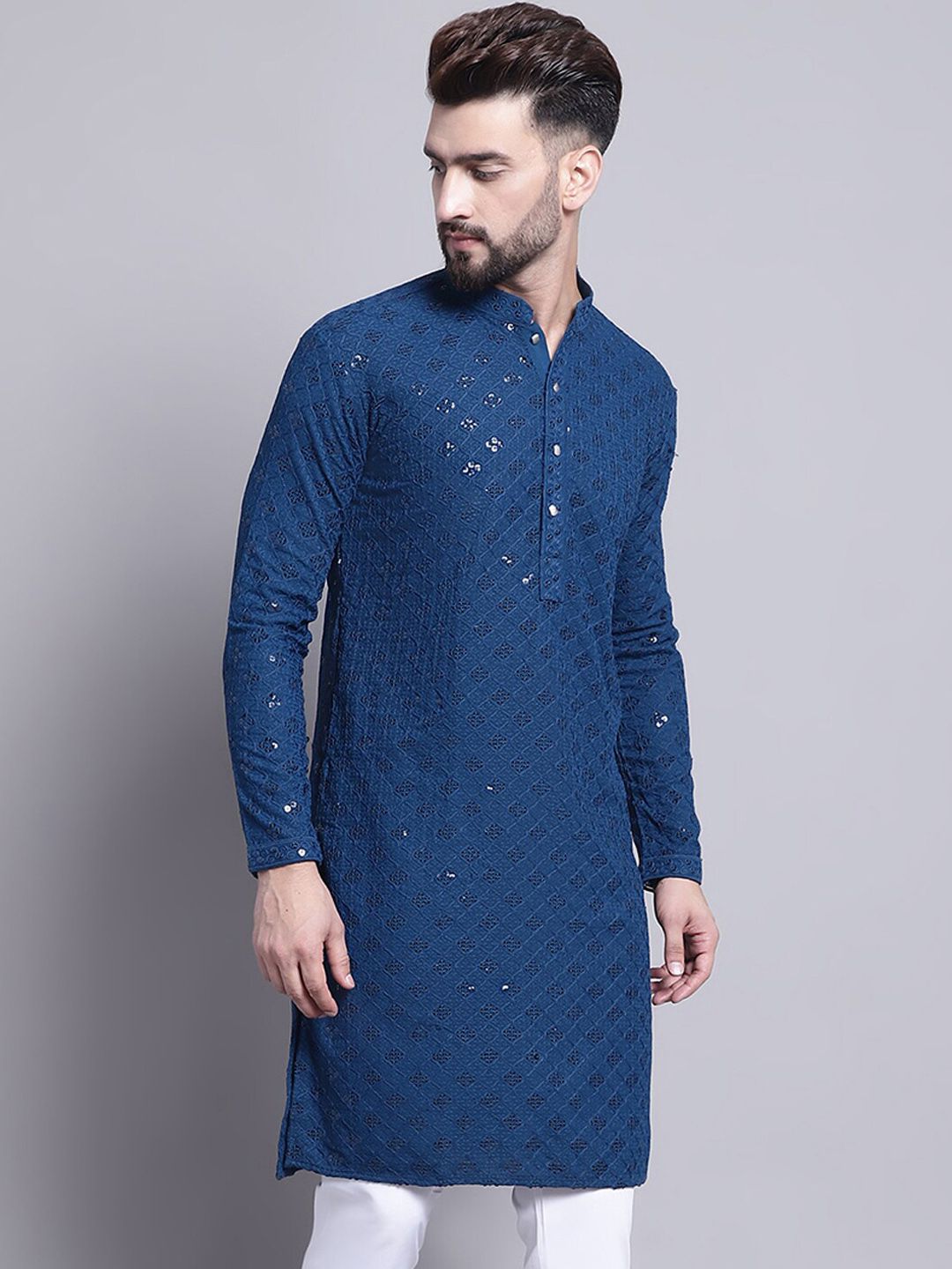 SOJANYA Geometric Embroidered Sequence Mandarin Collar Pure Cotton Kurta