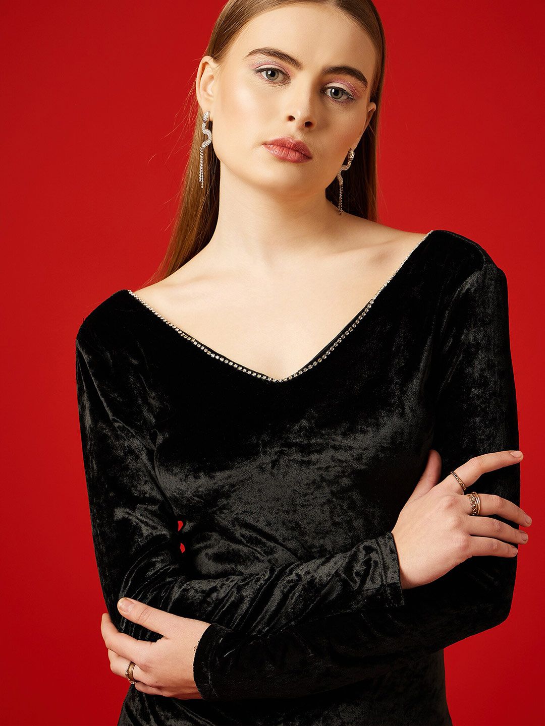 STREET 9 Embellished Long Sleeves Velvet Sheath Dress