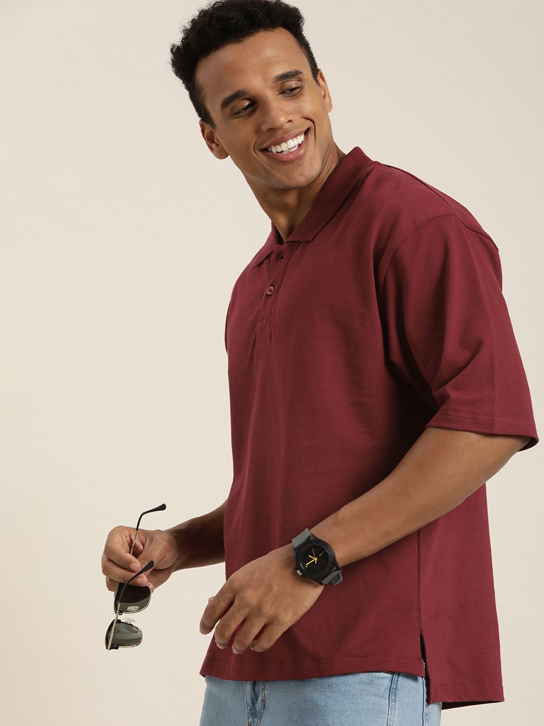 DILLINGER Men Solid Honeycomb Structure Oversized Pure Cotton Polo T-Shirt