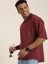 DILLINGER Men Solid Honeycomb Structure Oversized Pure Cotton Polo T-Shirt