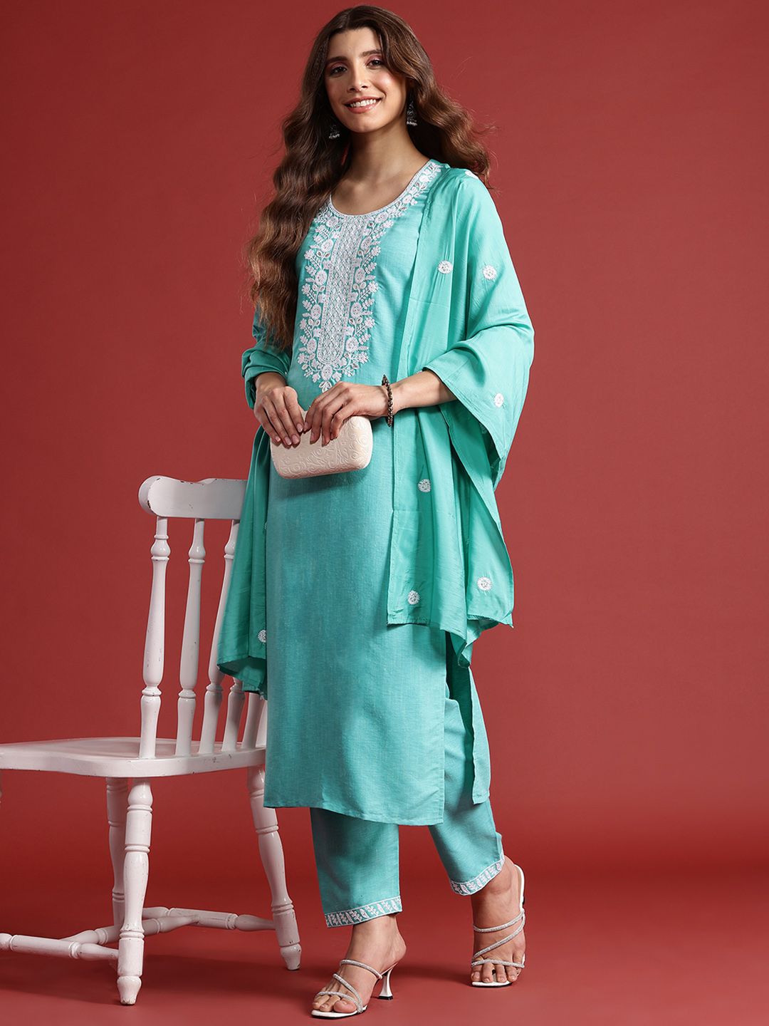 Anouk Floral Embroidered Kurta with Trousers & With Dupatta