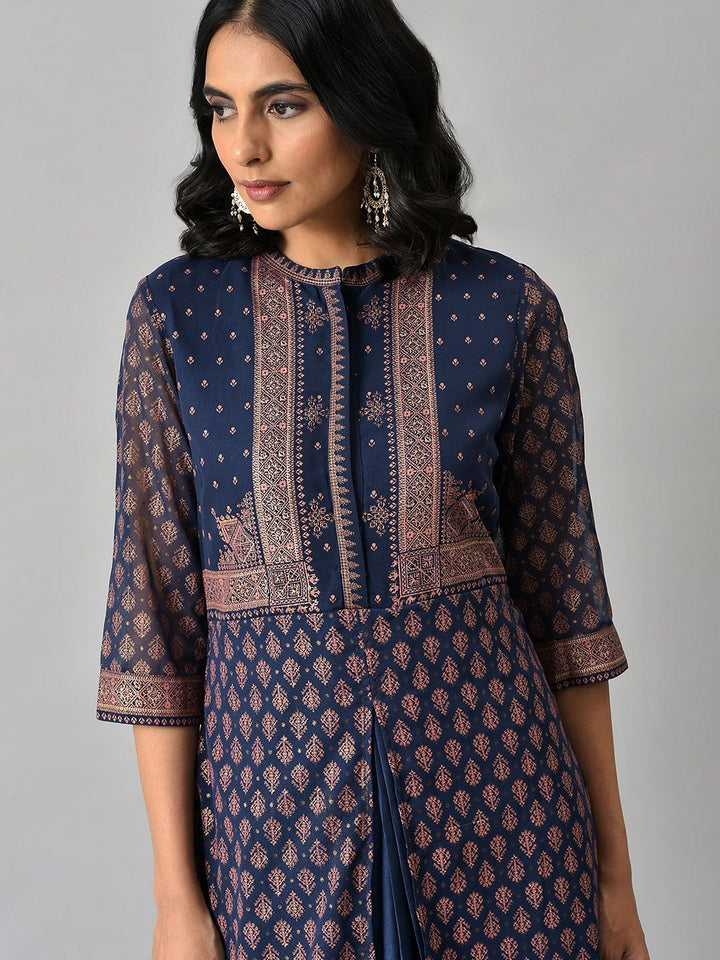 W Festive Geometric Print Georgette A-Line Cowl Hemline Kurta With Tight