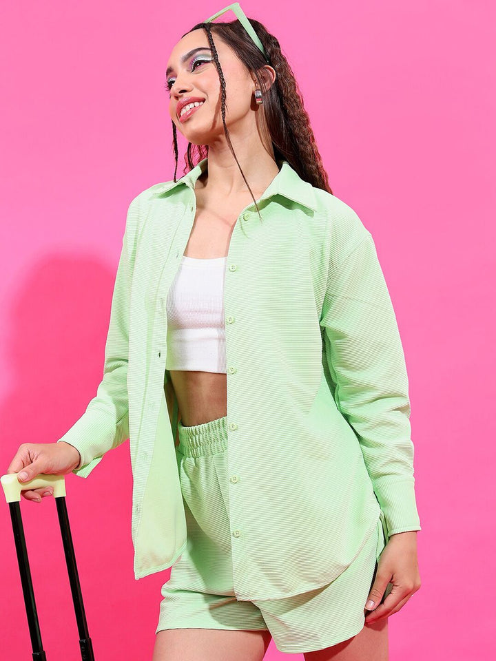 Tokyo Talkies Women Green Knitted Shirt With Shorts Set