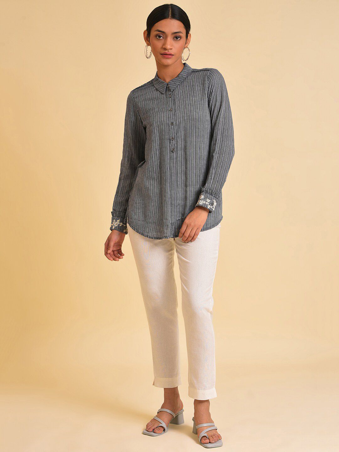 W Grey Striped Embroidered Pure Cotton Shirt Style Top