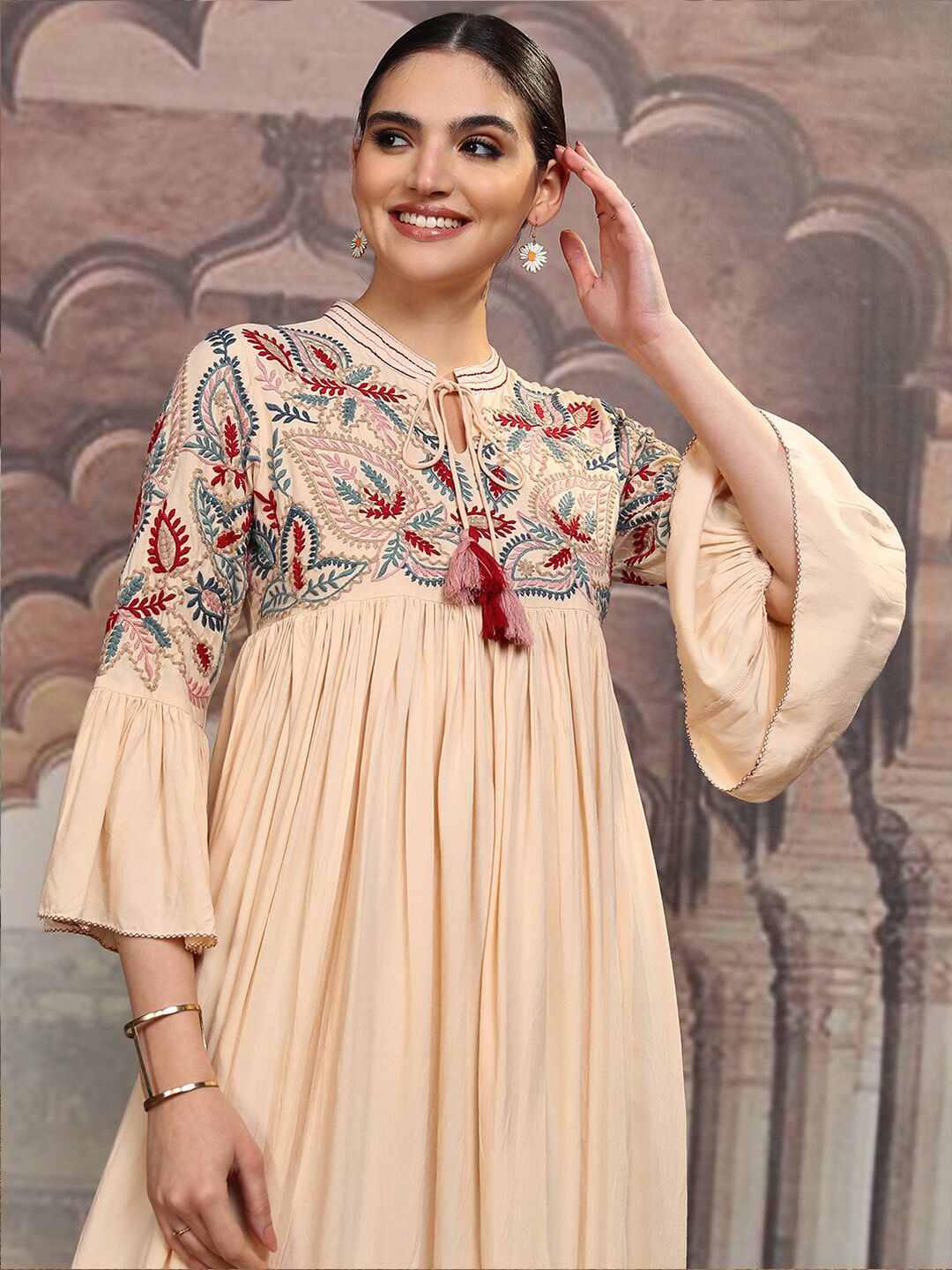 Vishudh Embroidered Tie-Up Neck Bell Sleeves Maxi Dress