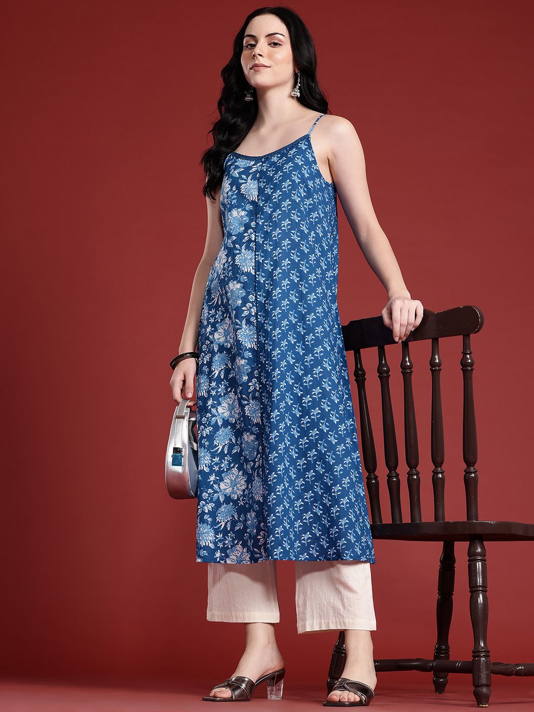 Anouk Floral Printed Shoulder Straps Pure Cotton A-Line Kurta