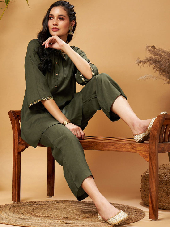 Shae by SASSAFRAS Zari Embroidered Shirt Collar Tunic Top With Palazzos Co-Ords