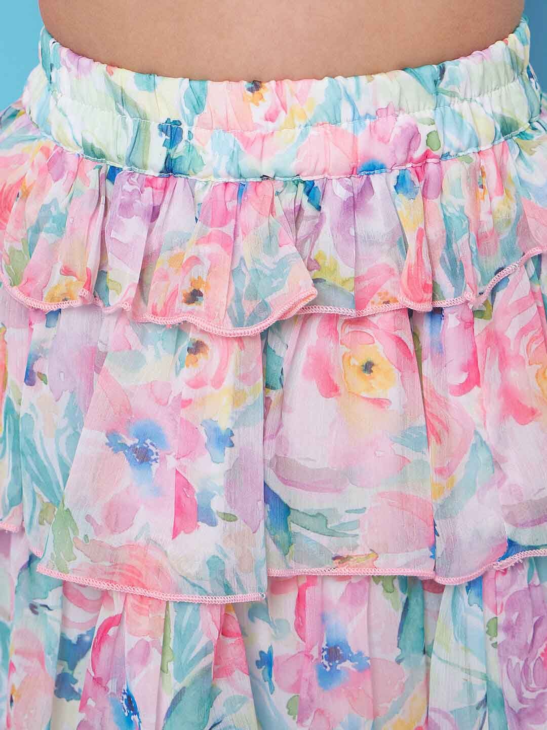 pspeaches Girls Round Neck Ruffled Top with Skirt