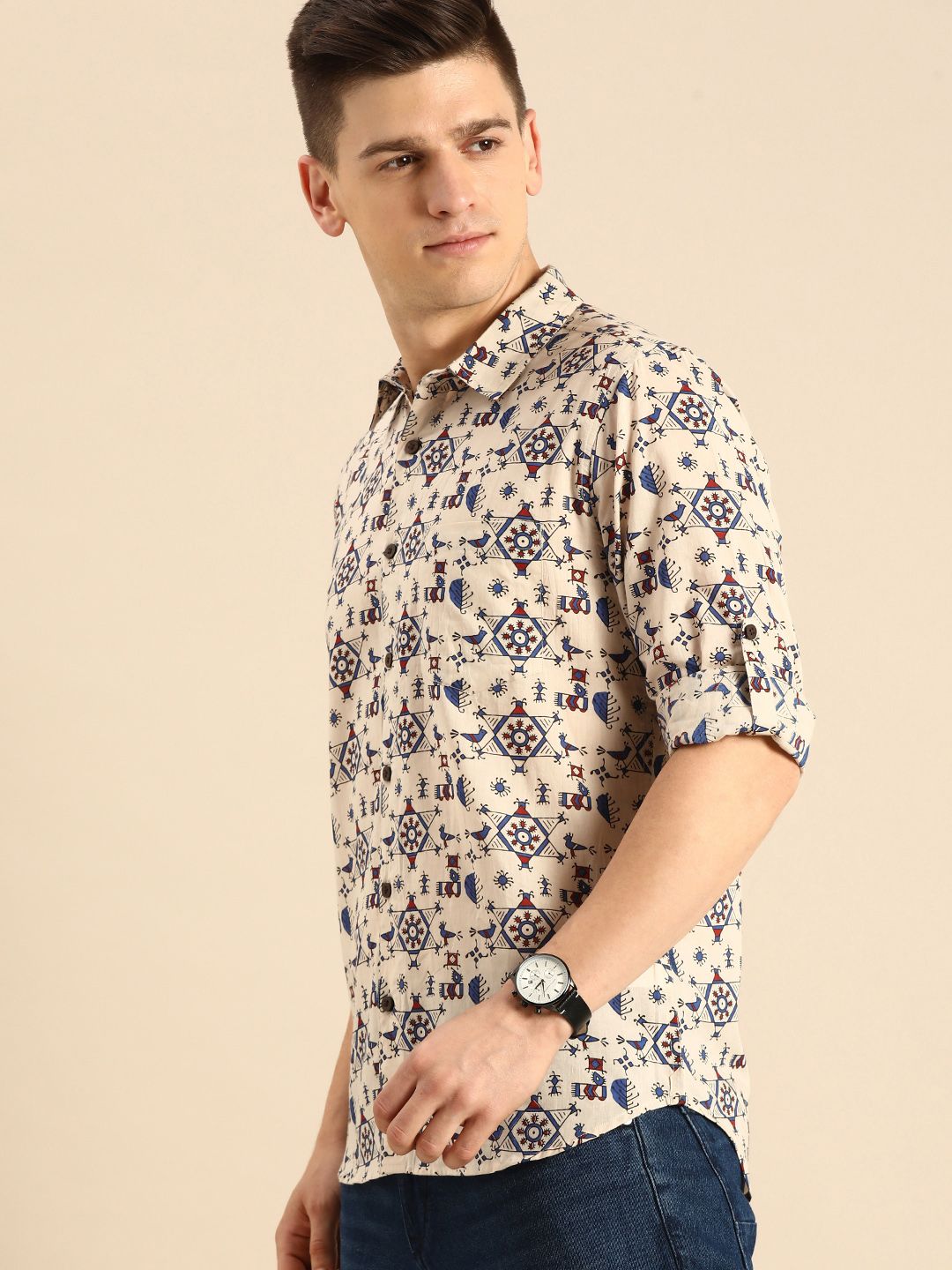 Anouk Men Off White Aztec Print Pure Cotton Casual Shirt