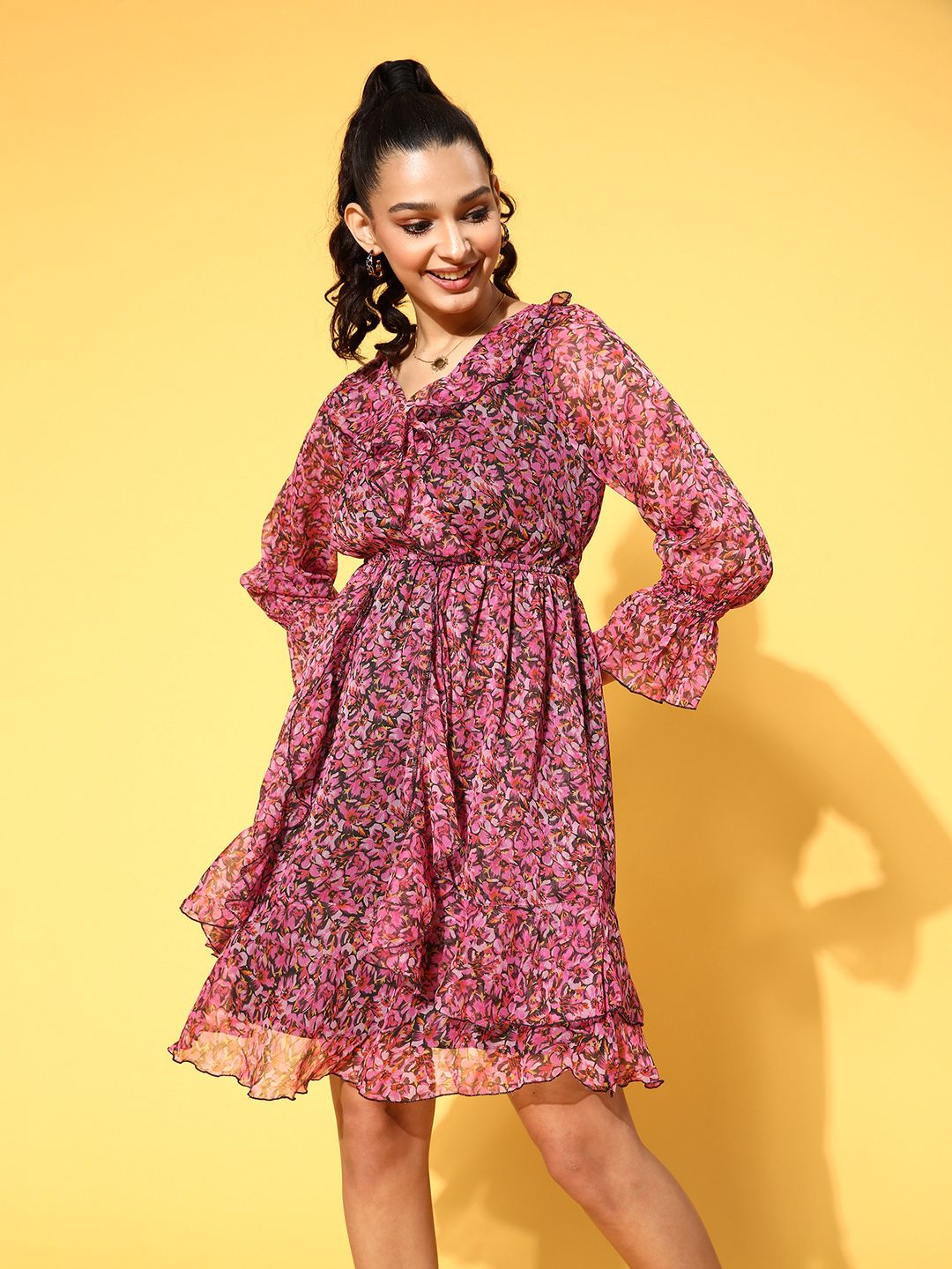 Antheaa Pink Floral Chiffon Dress