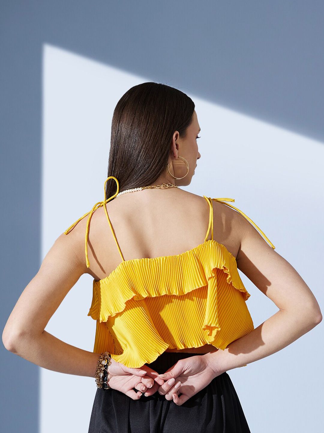 STREET 9 Yellow Shoulder Straps Accordion Pleats Tiered Top