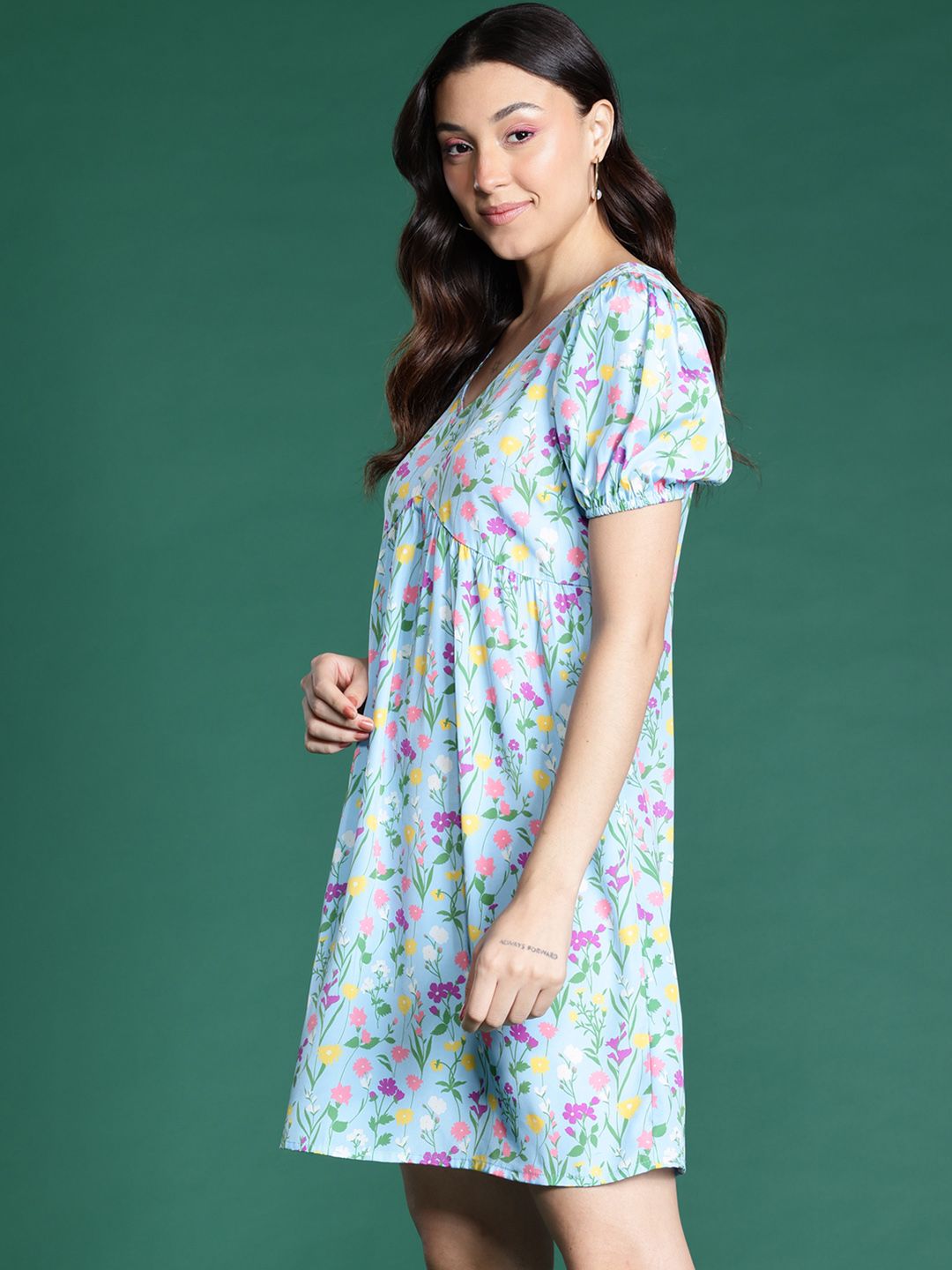 DressBerry Floral Print Puff Sleeve Empire Dress