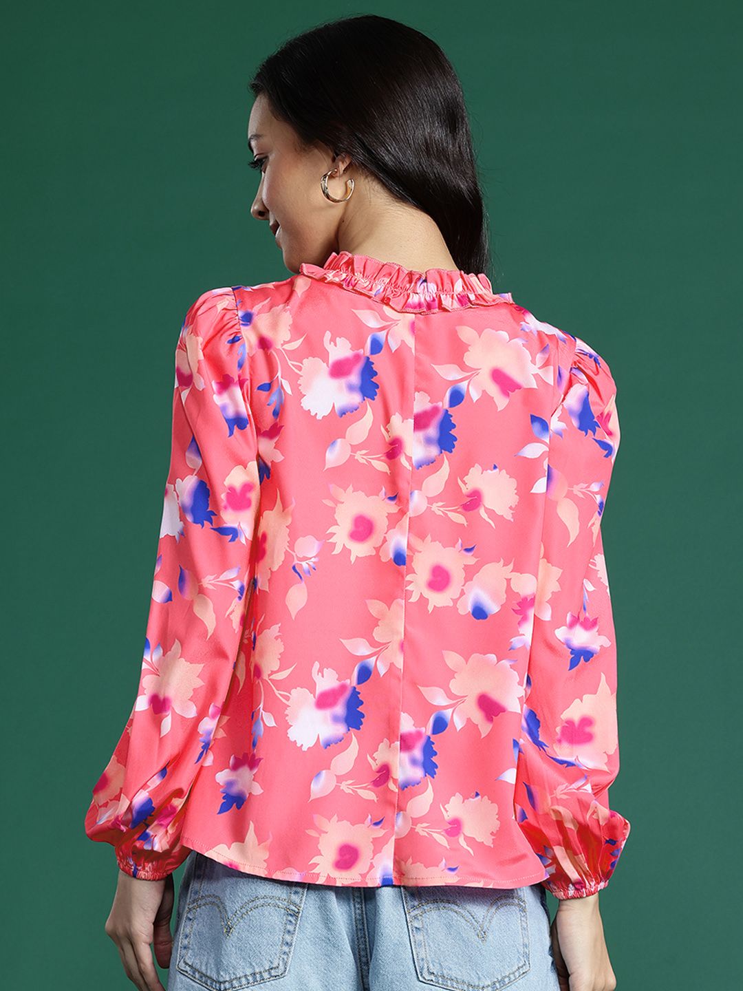 DressBerry Floral Print Tie-Up Neck Puff Sleeve Top