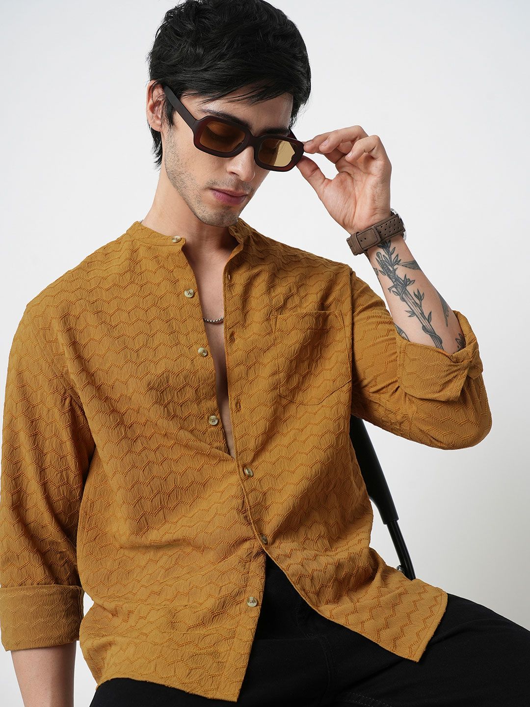 VASTRADO Men Classic Band Collar Textured Slim Fit Casual Shirt