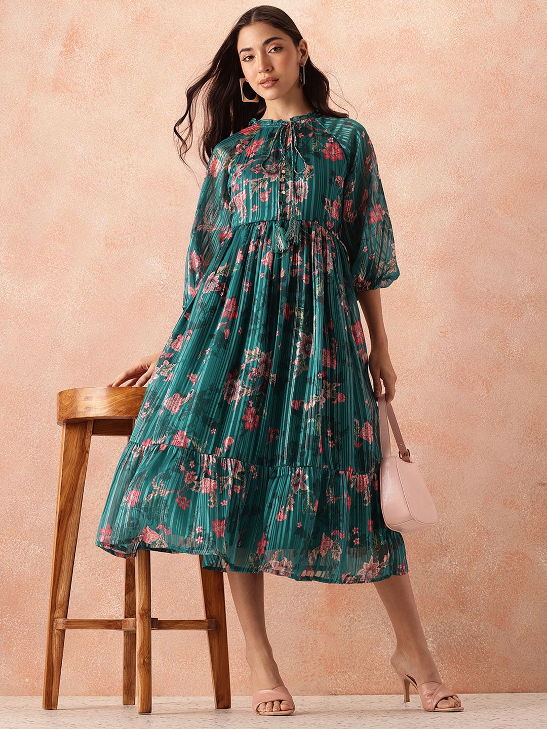 all about you Floral Print Tie-Up Neck Puff Sleeve Fit & Flare Midi Dress